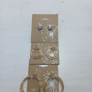 Gold Hoop and Stud Earring Set - 3 Pairs